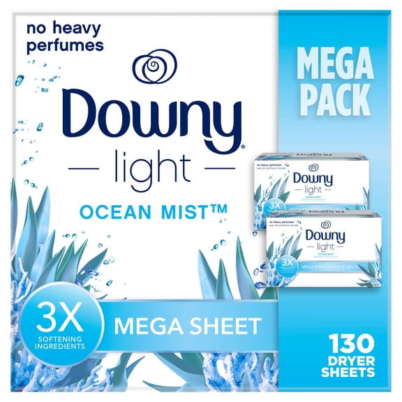 Downy Fabric Softener Dryer Sheets, Light, Ocean Mist Scent, 130 Mega Dryer Sheets