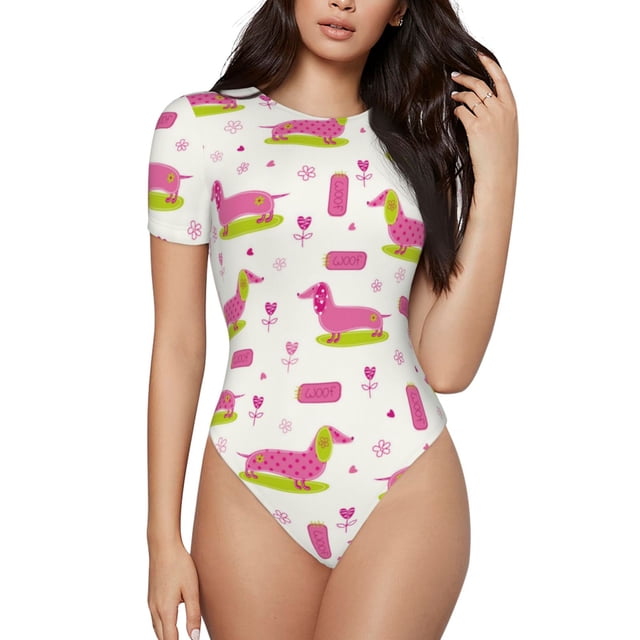 Saiise Justaucorps à Manches Courtes pour Femmes Motif Chiot Teckel Col Rond Pyjama Extensible avec Fermeture à Pression-Moyen