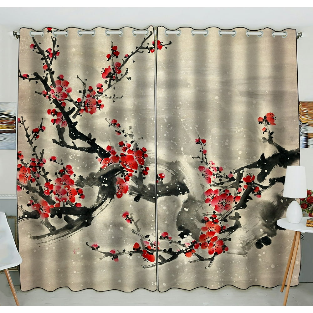 Phfzk Asian Window Curtain, Plum Blossom Traditional Chinese Painting Window Curtain Blackout