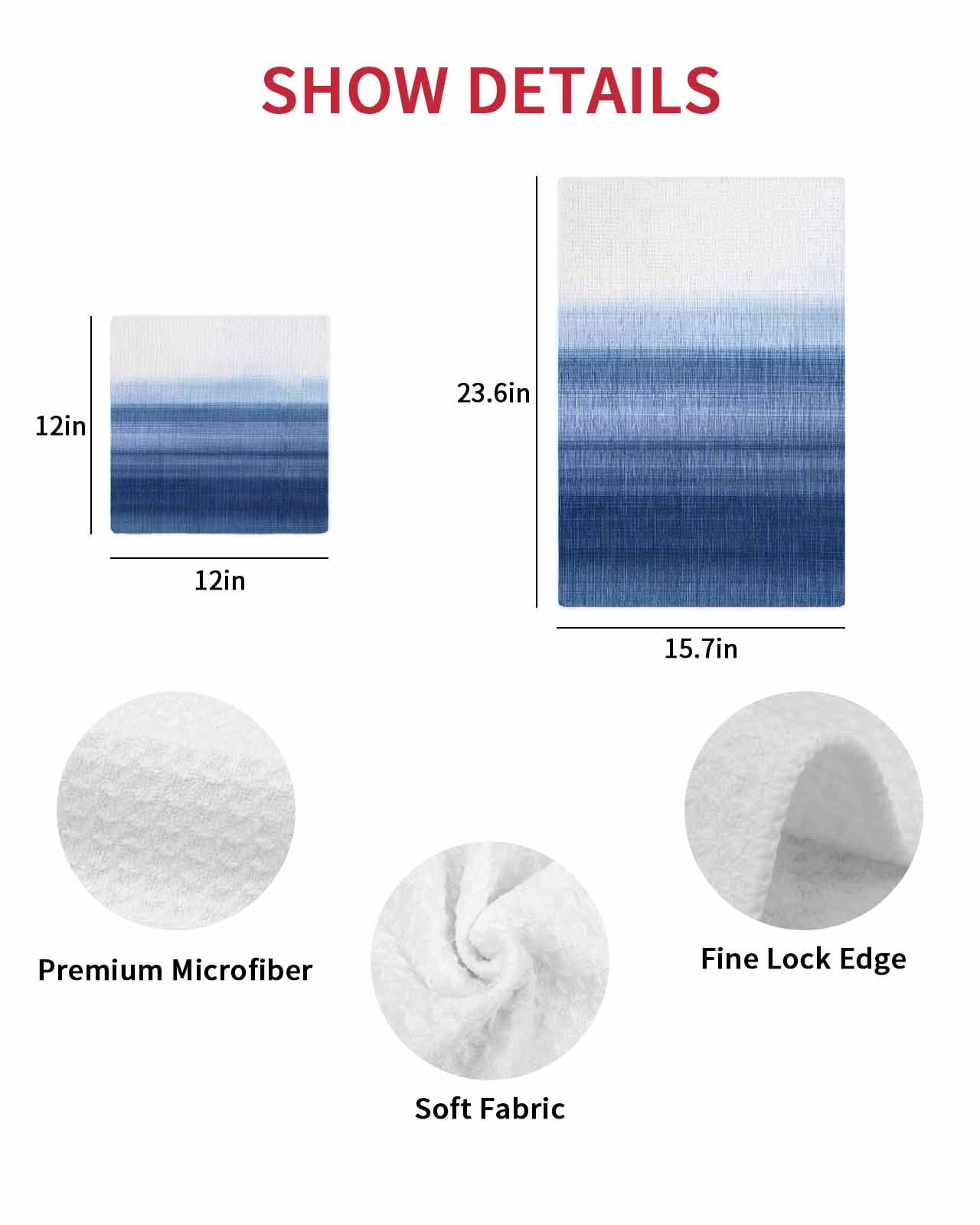 Navy Blue White Ombre Kitchen Dish Towels for Drying Dishes Set of 2, Contemporary Minimalism Stripes Waffle Weave Microfiber Terry Hand Tea Bathroom Towels Quick Dry & Absorbent Towel 12x12
