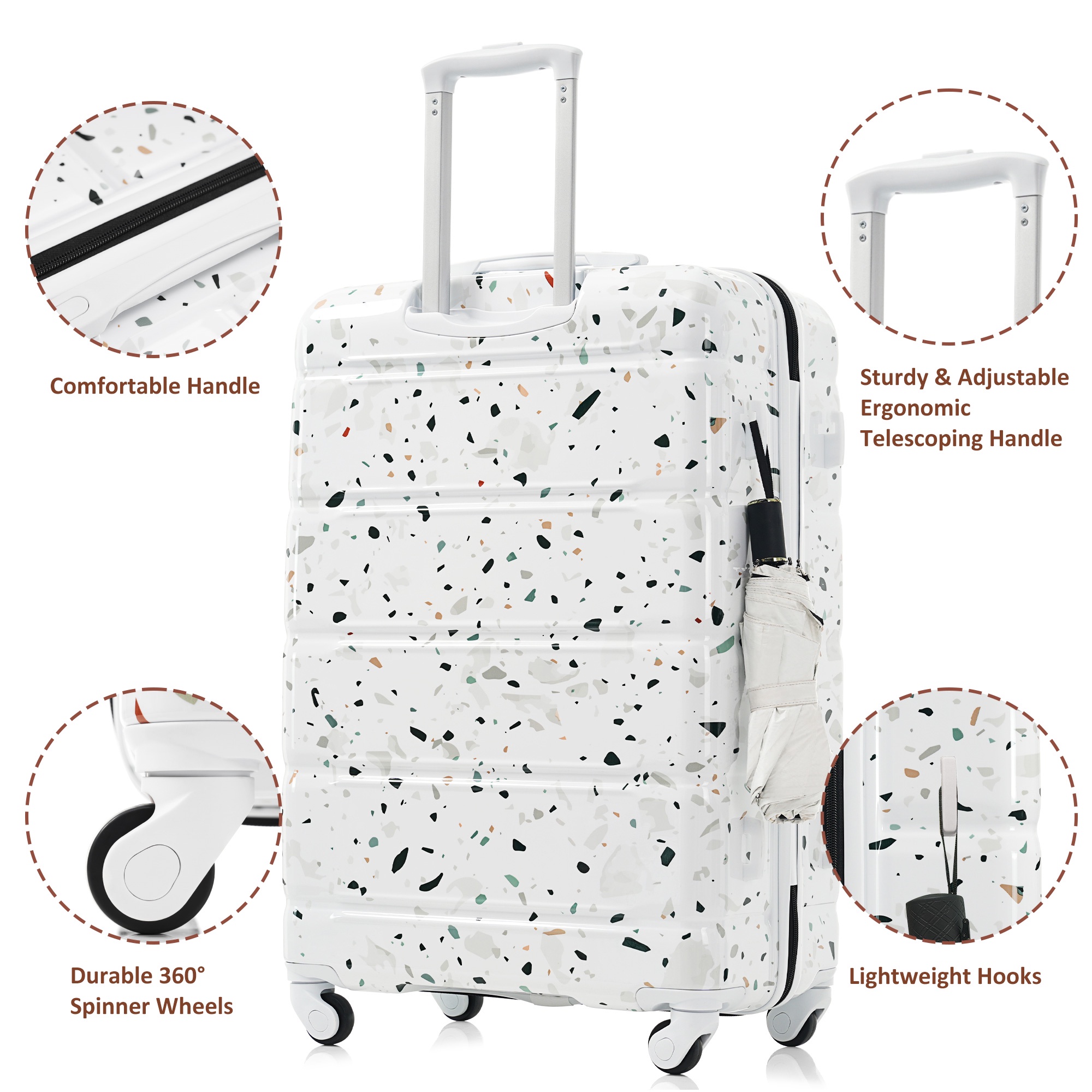 PAPROOS 3-Piece Luggage Set (20''/24''/28''), Hardshell Lightweight Suitcase with USB Port and Side Hooks, Travel Luggage with TSA-Lock, Hardside Rolling Luggage for School, Travel, White