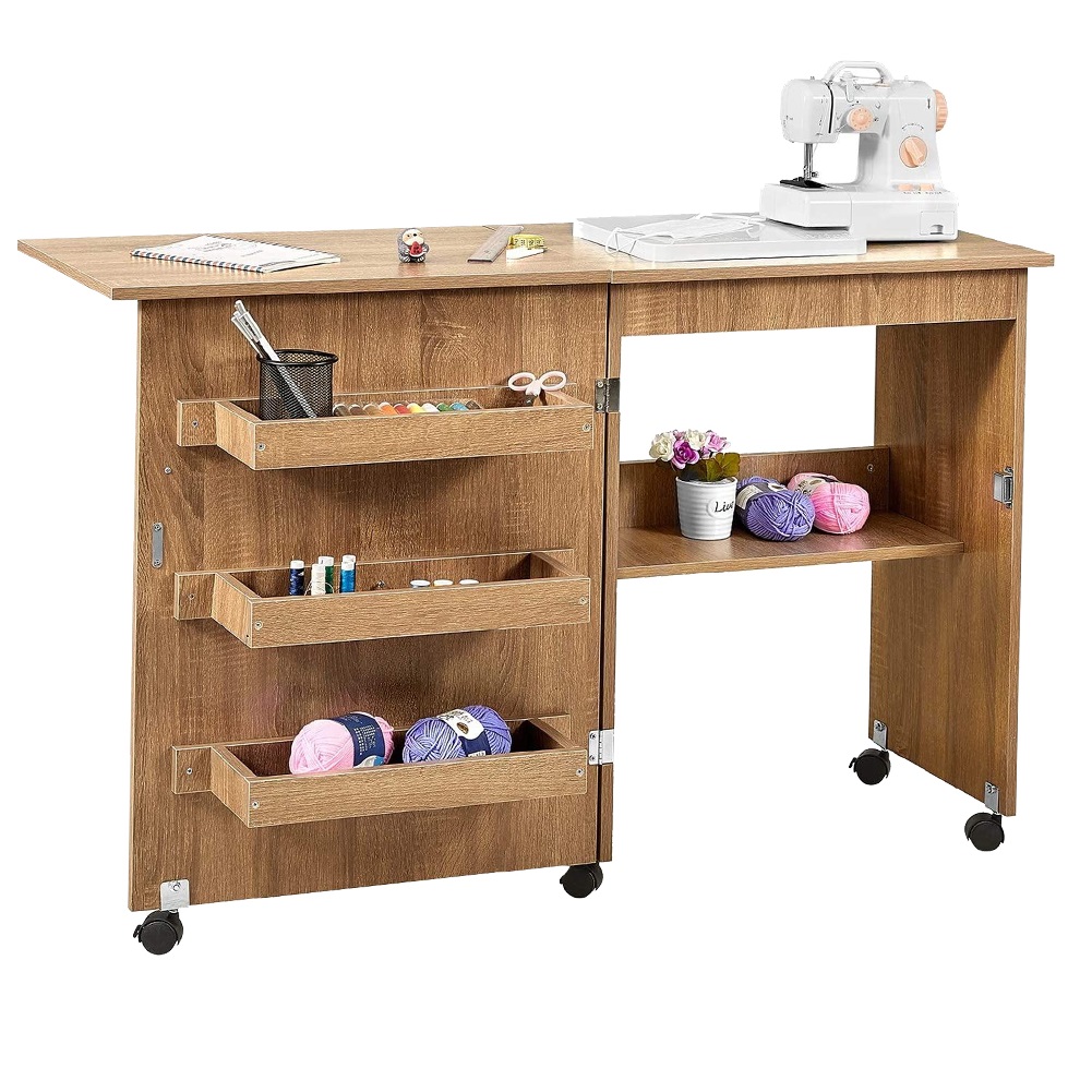 Sewing White 2-in-1 Rolling Craft Table with Storage Shelves and ...