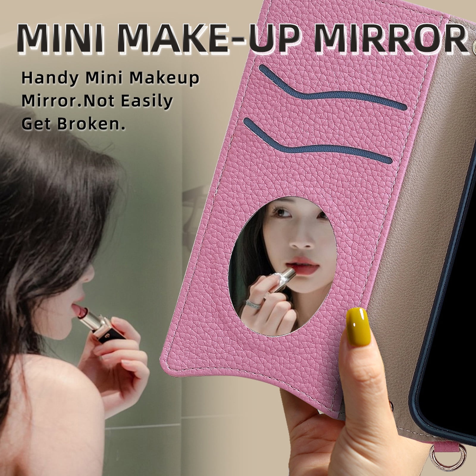 Women Girls Crossbody Strap Flip Wallet Zipper Phone Case Cover for iPhone 17 Pro Max, with Card Holder Kickstand Soft PU Leather Shoulder Chain Make-up Mirror for iPhone 17 Pro Max, Pink