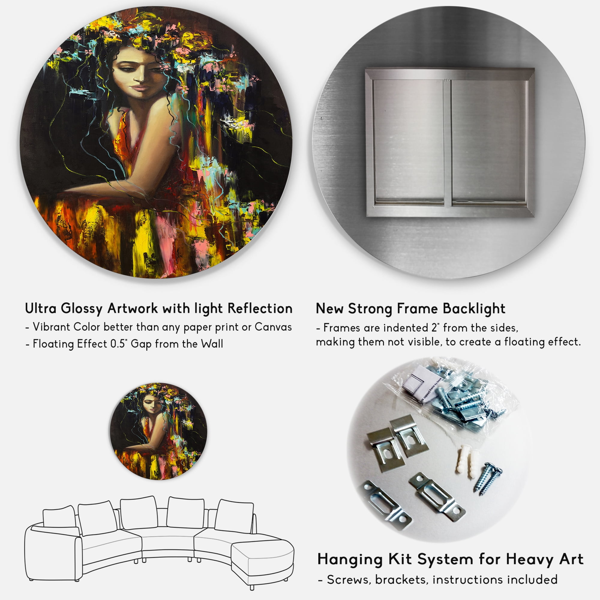 Designart 'Modern Portrait Of A Young Girl' Modern Circle Metal Wall Art 11x11 - Disc of 11