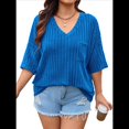 thumbnail image 1 of Camisetas con Cuello en V para Mujer, Blusas de Punto A Rayas de Media , Corte Holgado, Azul Real, Talla XL, 1 of 8