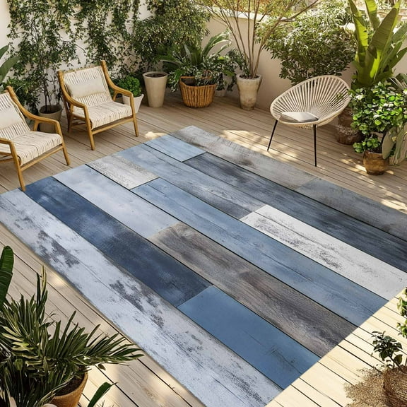 Fsddascl Blue Brown Farmhouse Outdoor Rug for Patio/Deck/Porch, Non-Slip Large Area Rug 6 x 9 Ft, Vintage Wooden Country Indoor Outdoor Rugs Washable Area Rugs, Reversible Camping Rug Carpet Runner