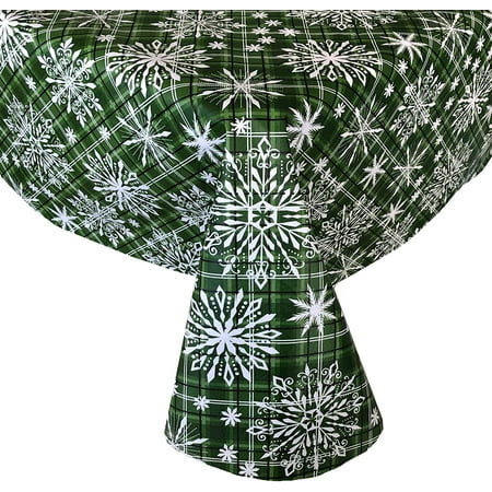 

Newbridge Green Snowfall Snowflake Plaid Christmas Print Vinyl Flannel Backed Tablecloth Rustic Green Snowflake Vinyl Tablecloth 60 Inch x 84 Inch Oval