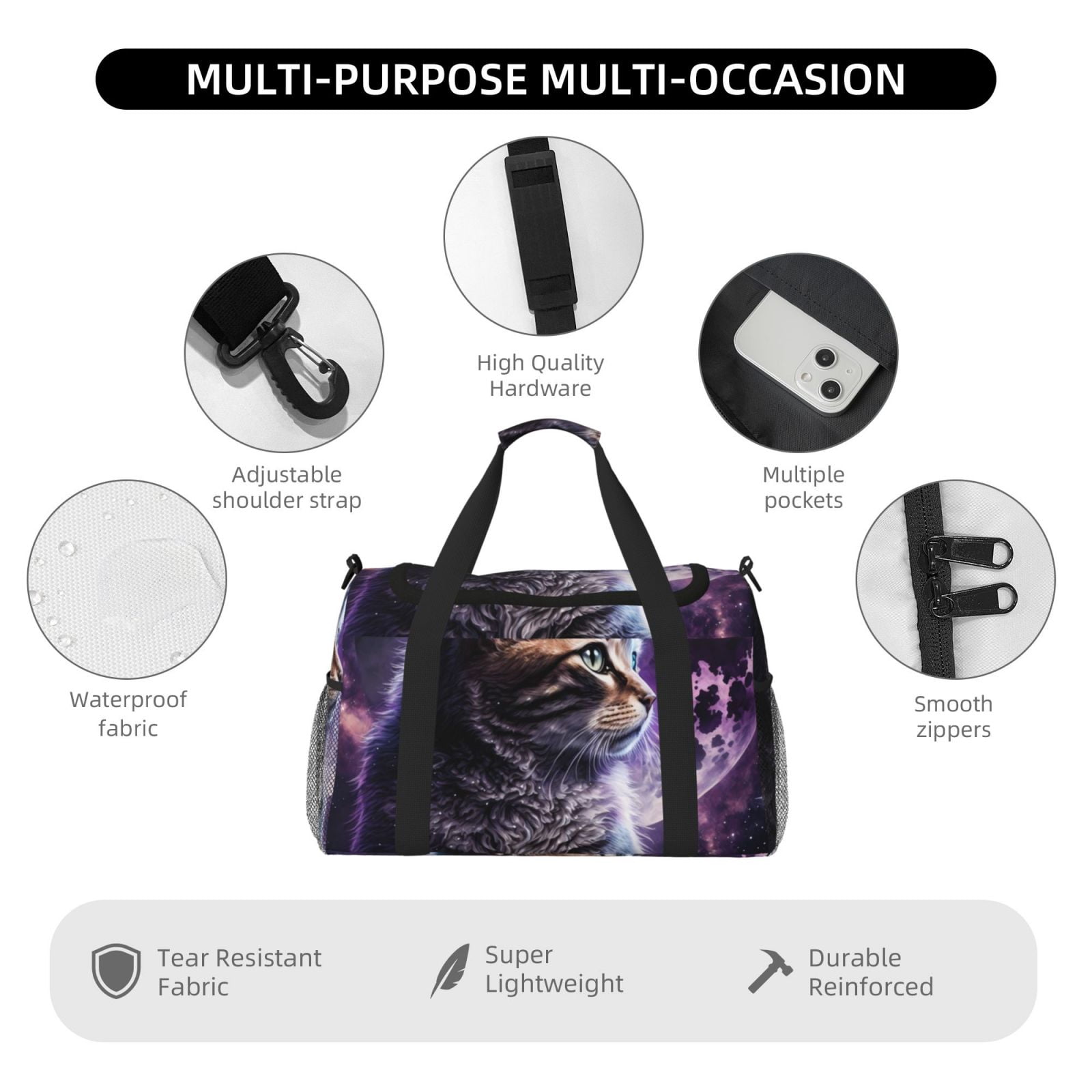 Fuzoiu Purple Moon Cat Print Travel Duffle Bag,Carry On Tote Bags,Duffel Bag,Sport Gym Bag, Hospital Bag for Labor and Delivery, Overnight Bag,Luggage Bag