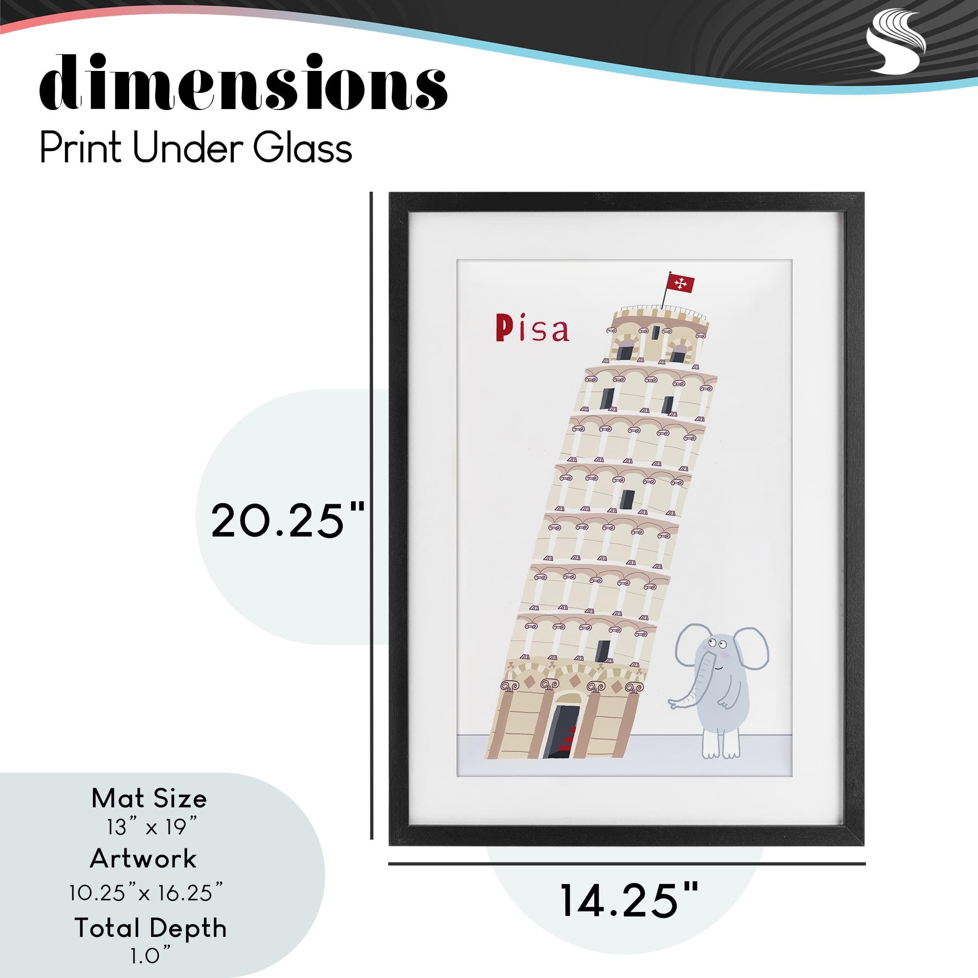 Elephant & Leaning Tower Pisa Black Framed Print Under Glass, design by Carla Daly