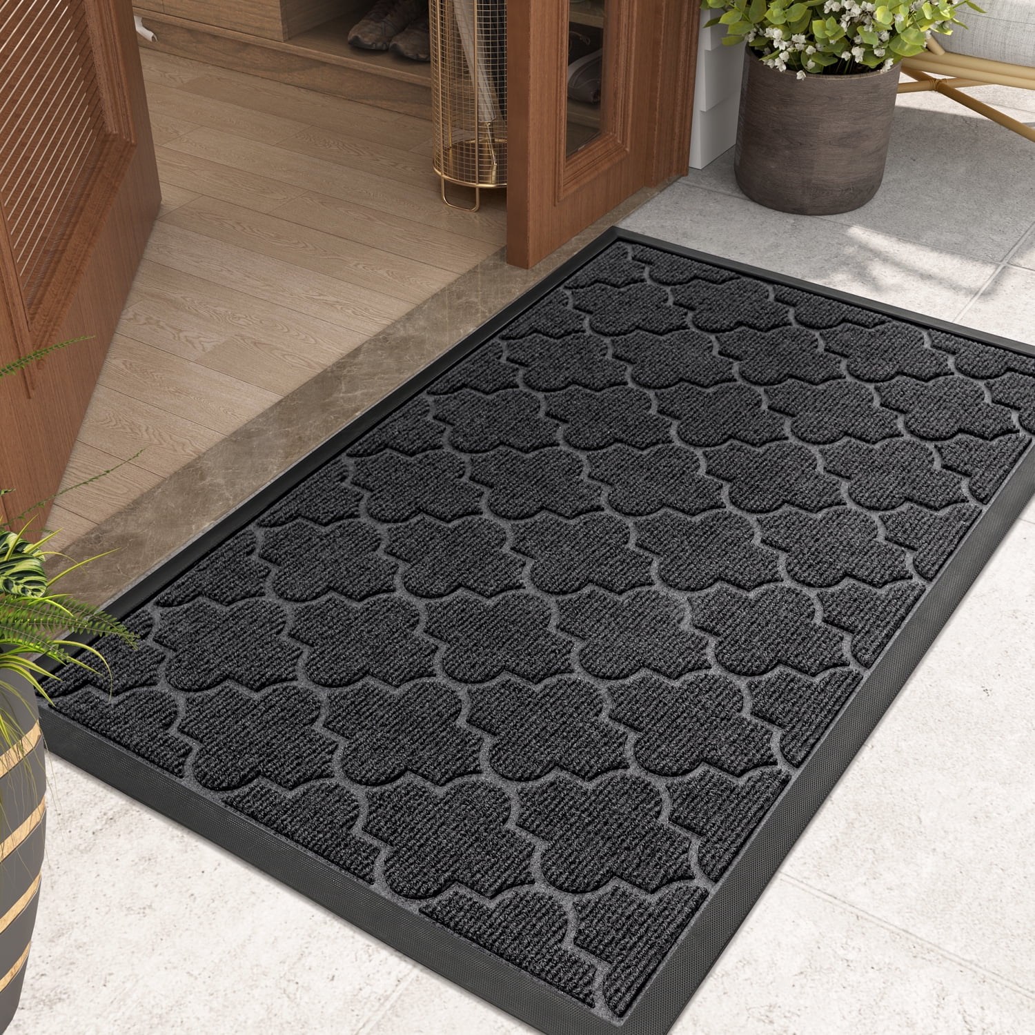 PABUBE Outdoor Door Mat Non Slip Backing Doormat,Low Profile Doormat Entry Rug, Outside Floor Mat for Entryway, Gray, 36" x 60"