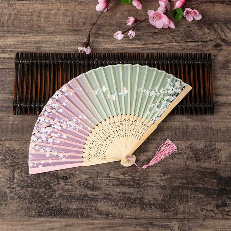 Teblacker Floral Folding Hand Fans Chinese Style Bamboo Folding Fan  Handheld Fabric Folding Fan with Tassel Vintage Pattern Hand Fan Hollowed  Bamboo