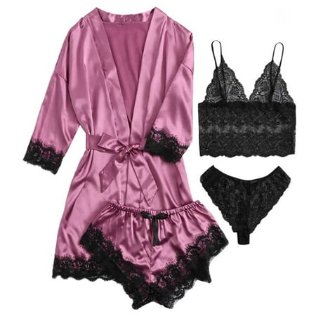 Sexy Lingerie  LOFIR Silk Satin Pajamas for Women  Womens Summer Pajamas Pjs Sets of 4 Pcs with Floral Lace Top Shorts and Robe  Gift for Women  Black  XL