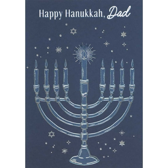 Designer Greetings Silver Foil Outlined Menorah with Shining Shamash Candle Hanukkah Card for Dad