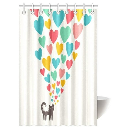 - MYPOP Cat Lover Shower Curtain, Cute Cat in Love with Colorful Different Sizes of Hearts Happy Sweet Clipart Fabric Bathroom Shower Curtain with Hooks, 48 X 72 Inches