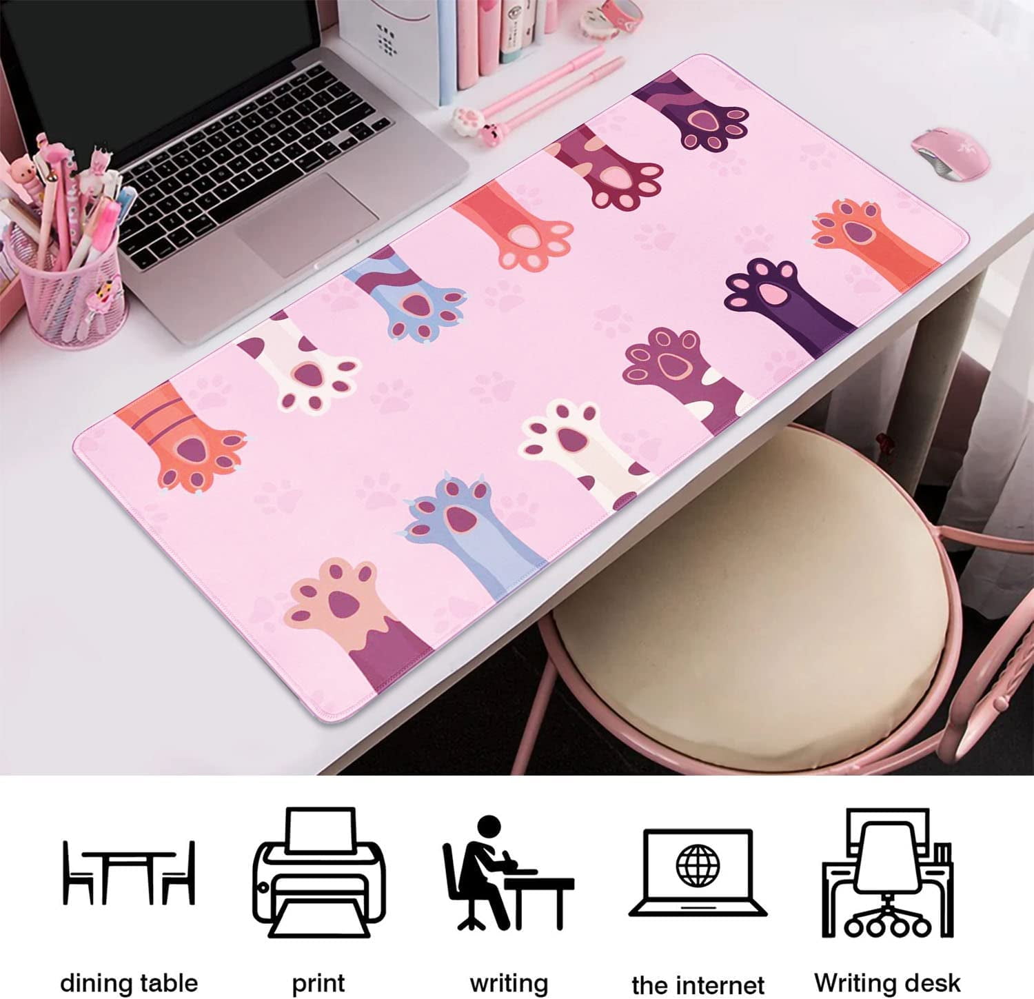 31.5x15.7in Mouse Pad Large Cute Kawaii Cat Paw Gaming Computer Desk Pink Mouse Pad No Slip Rubber Base Extended Desktop Mousepads Desk Decor Accessories for Office Work Home Writing Game