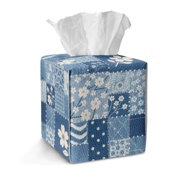 FKELYI Tissue Box Cover Squared PU Leather Tissue Holder Organizer with Button for Bathroom Kitchen Home Office Accessories, Art Blue Plaid Flower Print
