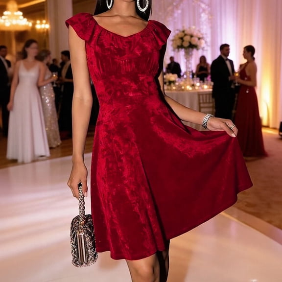 Nmnitkp Formal Dresses for Women Velvet Fit and Flare Cocktail Dress, Ruffle Cap Sleeve Sweetheart Neck Slim Fit Midi Dress for Wedding Guest & Holiday Party Red,S