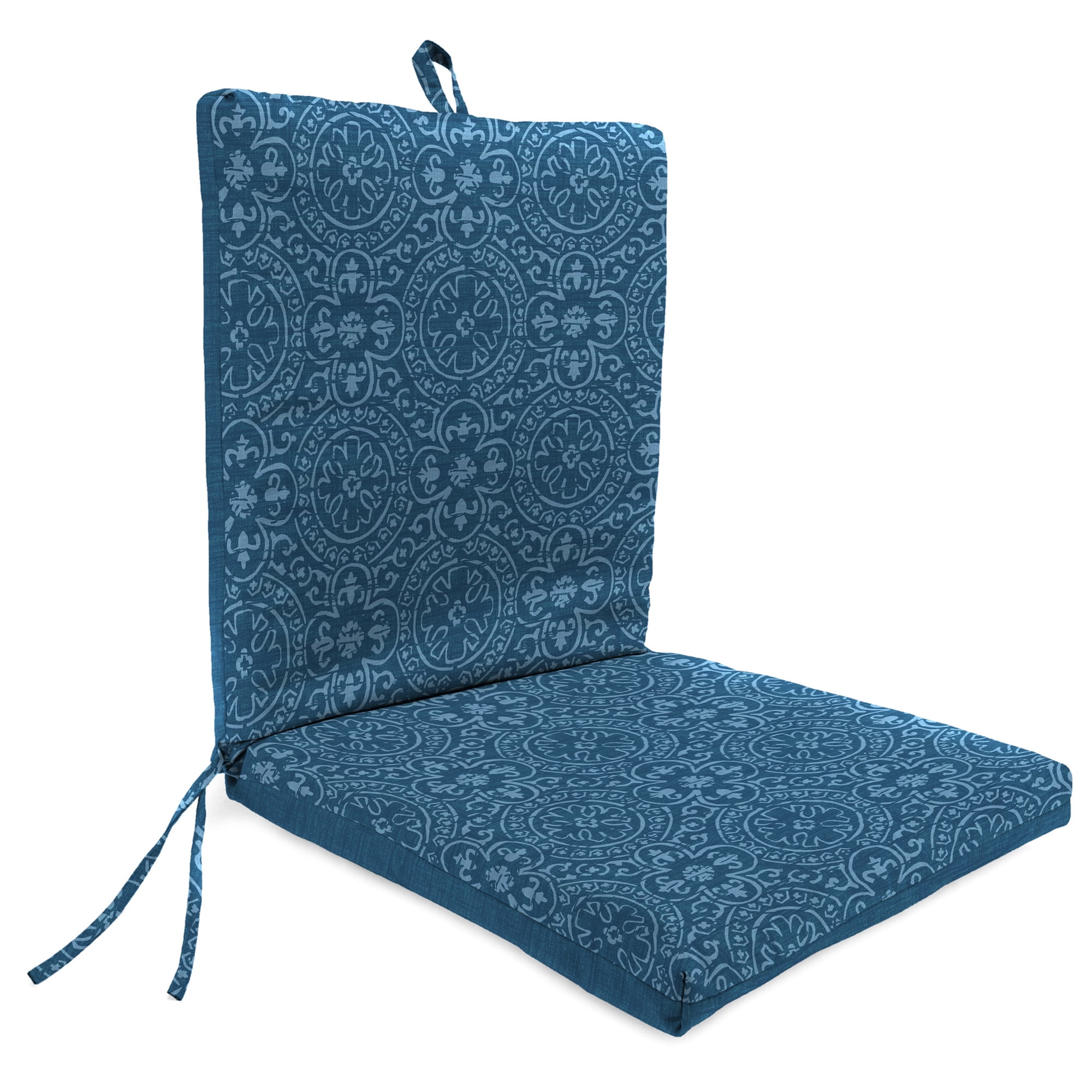 Jordan Manufacturing 44" x 21" Oberring Tuscan Blue Medallion and Quasi Tuscan Blue SolidReversible Rectangular Outdoor Chair Cushion with Ties and Hanger Loop