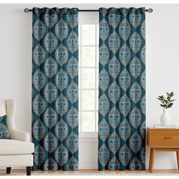 Vargottam Cotton Curtains for Windows - 3-in-1 Rod Pocket/Back Tab Short Window Drapes - Light Filtering Cotton Panels - Set of 2, 52"x63" - Floral Block Pattern (Blue)