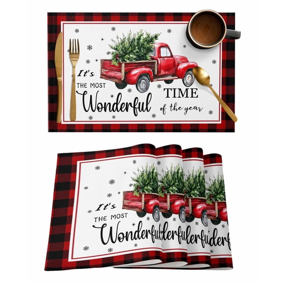 Christmas Red Truck Placemats Set of 2 Winter Tree Snowflake Red Plaid Heat Insulation Washable Place Mats, Rustic Non-Slip Table Mats for Dining Table Party Kitchen Decor,13x19 Inch