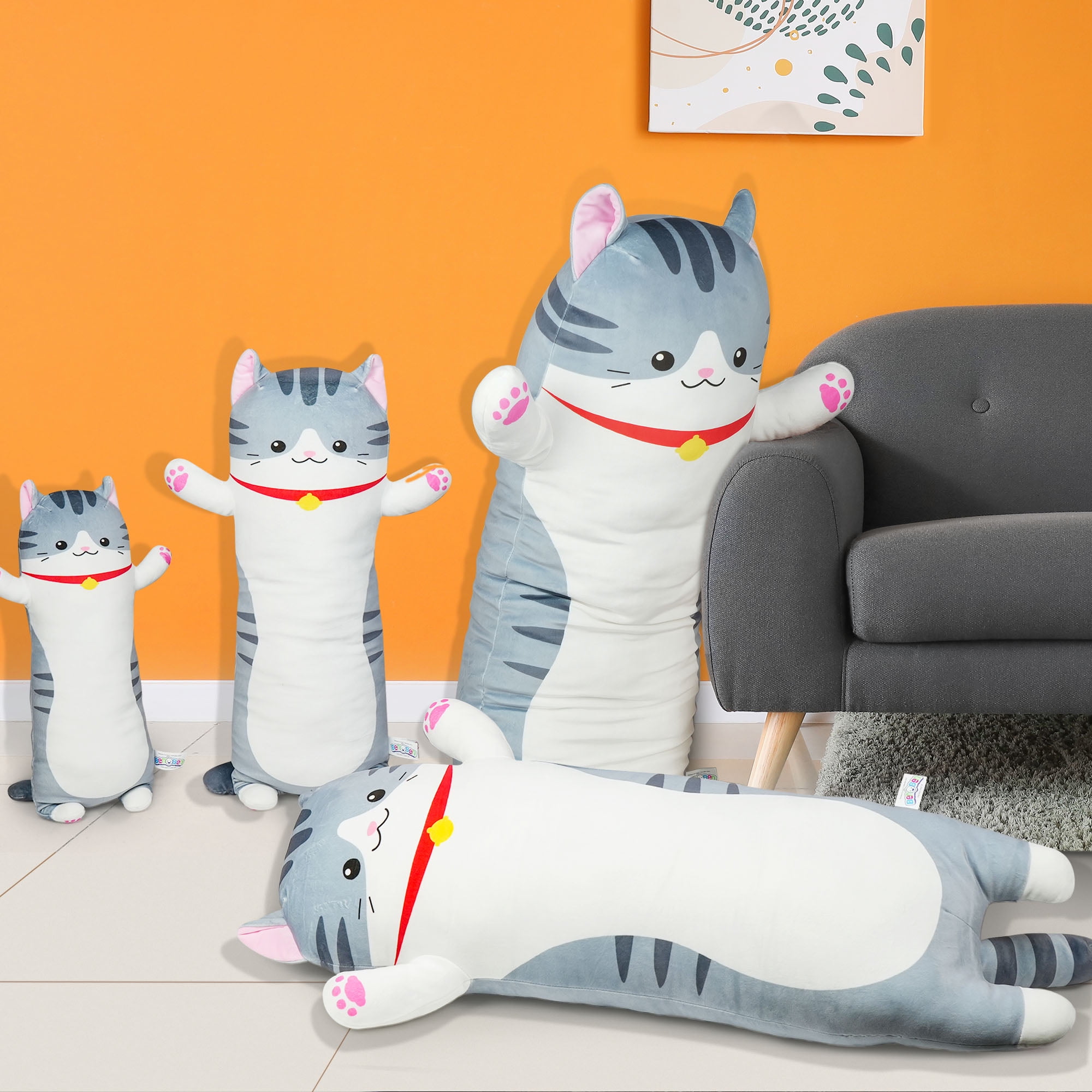 BenBen Long Cat Plush Pillow, Cat Stuffed Animal Body Pillow for Kids, 27.5 in, Grey