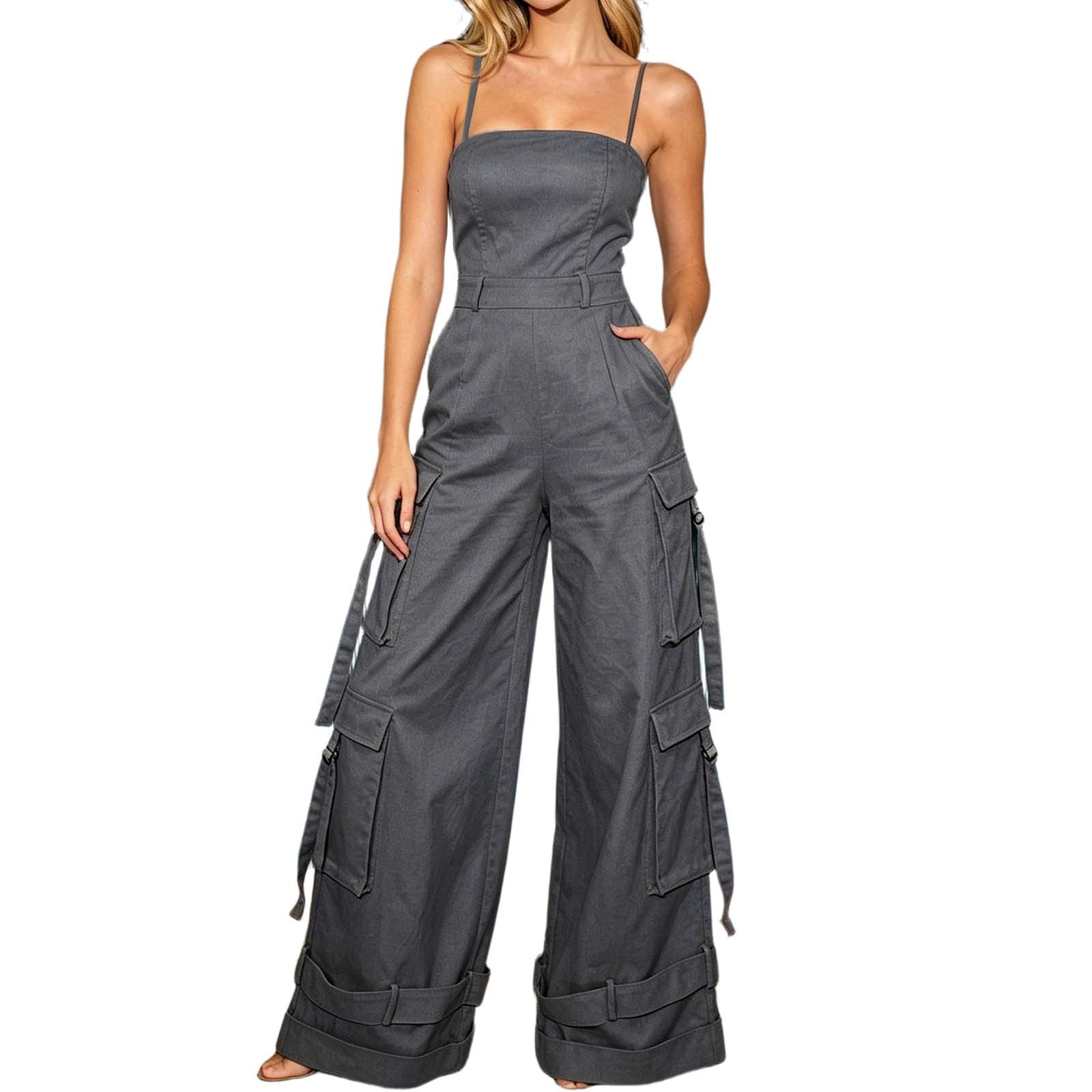 Summer Jumpsuit Women Strapless Wide Leg Romper Multiple Pockets Solid Color Beach Vacation Breezy Effortless