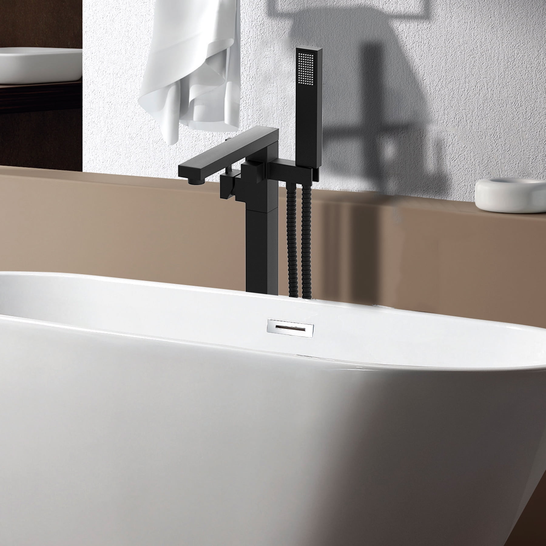 Freestanding Bathtub Faucet Floor Mount Tub Filler Single Handle Stainless Steel  Standing Bathtub Tap with Handheld Spray Swivel Right Angle Spout Brushed Nickel