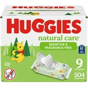 Huggies Natural Care Sensitive Baby Wipes, Unscented, Hypoallergenic, 99% Purified Water, 9 Flip-Top Packs (3 packs of 3), 504 Total Wipes (56 Wipes per pack), Packaging May Vary