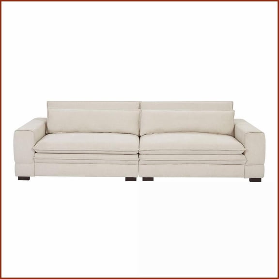 Mid-Century Modern 3-Seater Fabric Sofa – Beige Upholstered Couch for Living Room, Bedroom, Apartment | Beige | Fabric | Polyester