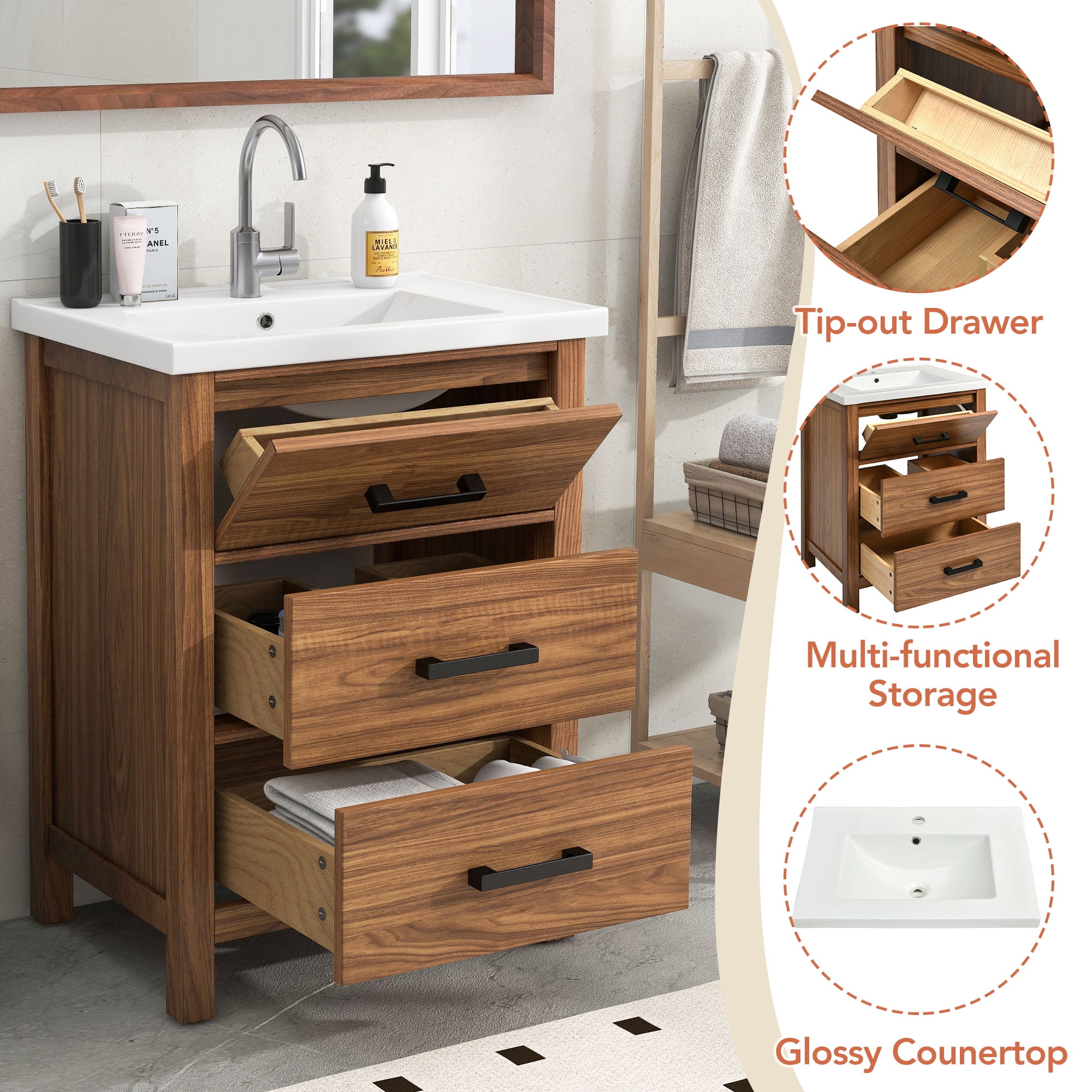 Euroco 24'' Bathroom Vanity with Ceramic Basin Sink, Modern Bathroom Storage Cabinet with 3 Drawers, Freestanding Bathroom Vanity Cabinet with Single Sink