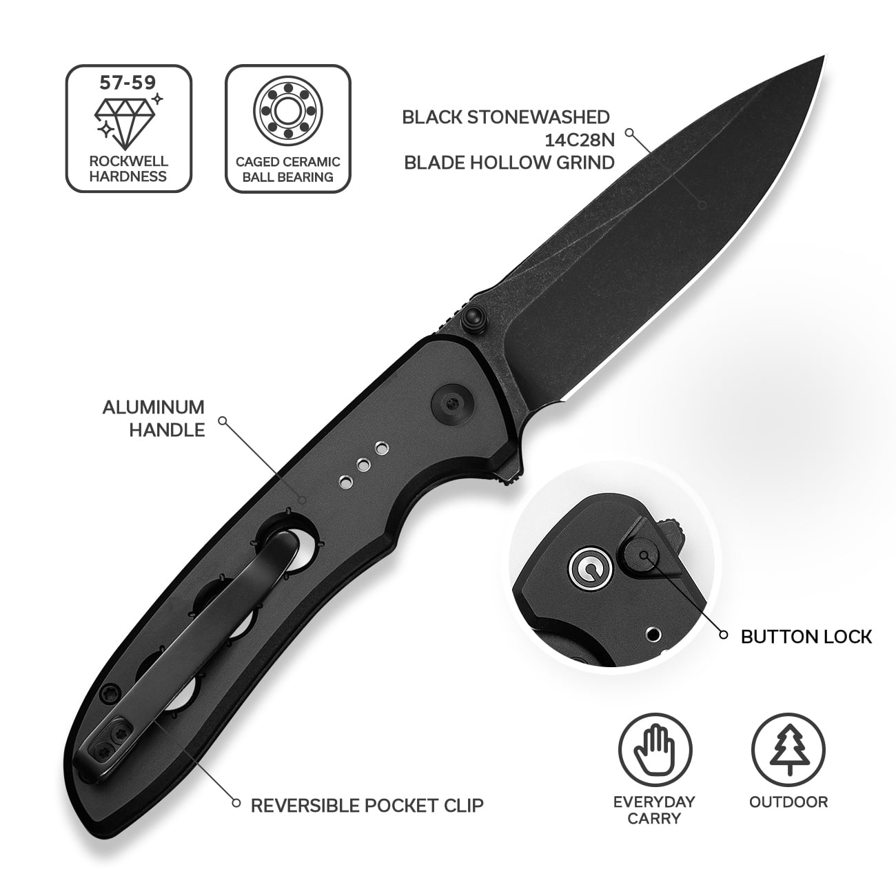 CIVIVI Hyperpulse Pocket Folding Knife, 3.5" 14C28N Blade Lightweight Black Aluminum Handle C23087A-1