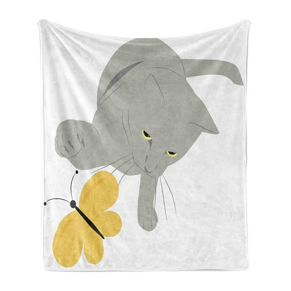 Grey and Yellow Soft Flannel Fleece Blanket, Cat Pet Feline Best Friend Playing with Spring Butterfly Print, Cozy Plush for Indoor and Outdoor Use, 60" x 80", Black Marigold and Grey, by Ambesonne