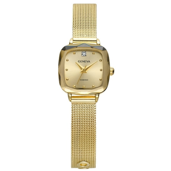 Geneva Ladies Gold Tone Tone 22mm Genuine Diamond Faceted Bezel Adjustable Mesh Watch