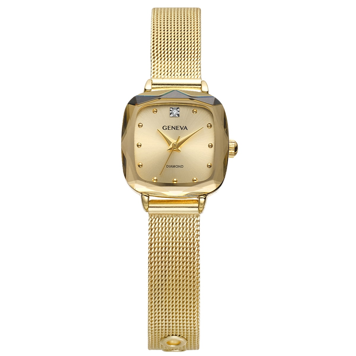 Geneva Ladies Gold Tone Tone 22mm Genuine Diamond Faceted Bezel Adjustable Mesh Watch