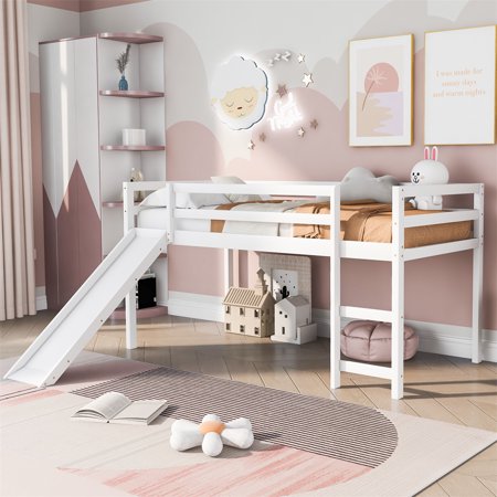 Twin Loft Bed with Slide and Ladder for Kids Toddlers  Wood Loft Bed Frame with Long Safe Guardrail Multifunctional Design  Space-Saving  Noise Free  No Box Spring  White 79.5 L x 41.8 W x 44.4 H