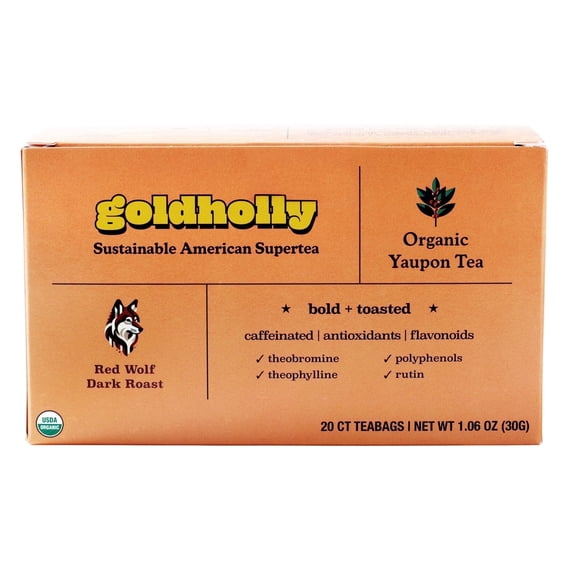 Goldholly Organic Yaupon Tea Bags - Red Wolf Dark Roast, 20 Count | American Organic Tea