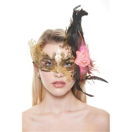 Majestic Gold Swan Laser Cut Masquerade Mask with Feathers & Pink Flower Arrangement - One Size