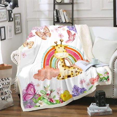 Kids Animal Flannel Blanket Cartoon Giraffe Sherpa Blanket for Boys Girls Chic Butterfly Blanket Twin Size Cute Rainbow Throw Blanket for Sofa Multicolor Flower Floral Flannel Blanket Lightweight