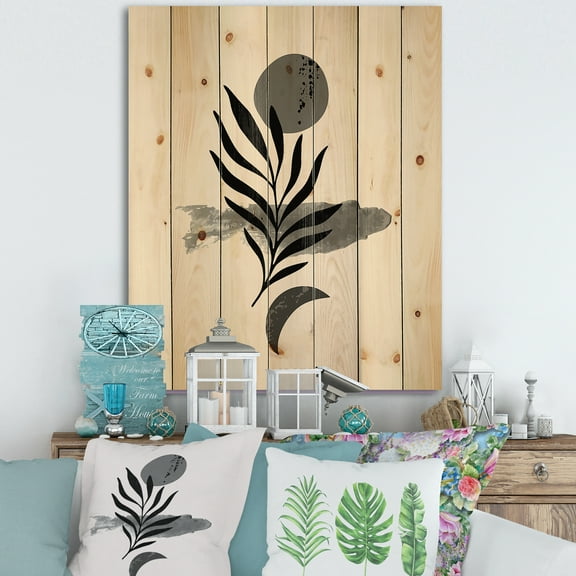 Designart 'Abstract Black Tropical Leaf II' Modern Print on Natural Pine Wood