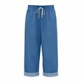 thumbnail image 6 of KDFJPTH Women's Striped Capri Pants Elastic Drawstring Waist Casual Everyday Trousers with Rolled Hem Light Blue S, 6 of 7
