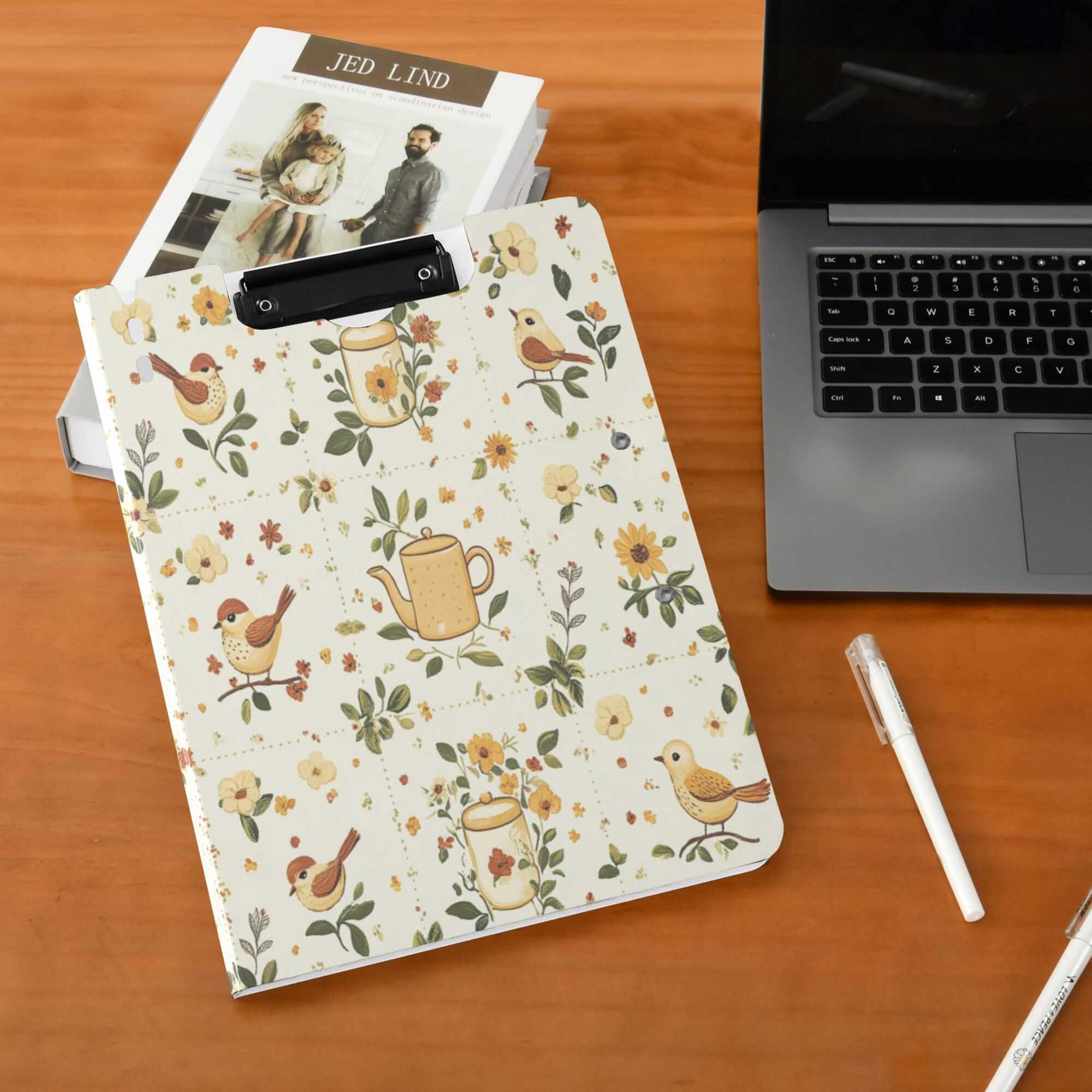 FORMRS A4 Clipboard Folder with Pen Holder Horizontal Foldable School Office Binder, Birds Sunflowers
