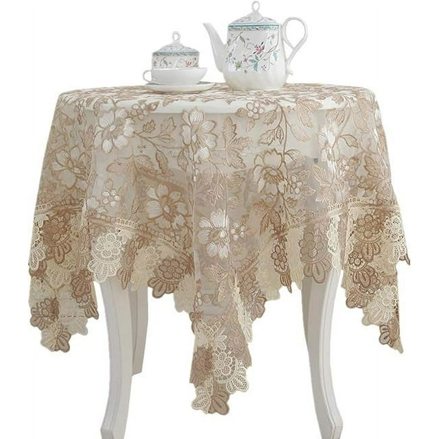 Nvzi Mantel de poliéster con encaje bordado, cuadrado, para fiestas, bodas, cocinas, comedores, decoración del hogar, 36 x 36 pulgadas, color beige
