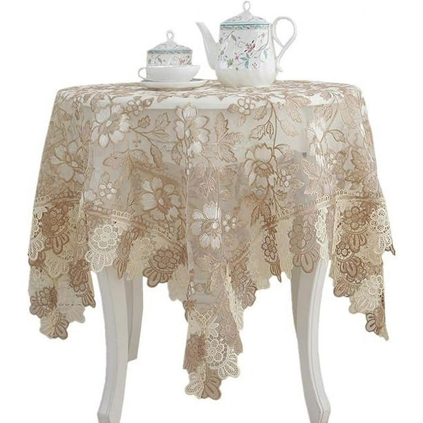Nvzi Mantel redondo de encaje de poliéster bordado, manteles redondos para fiestas, bodas, cocinas, comedores, decoraciones para el hogar, redondo, 60 pulgadas, beige