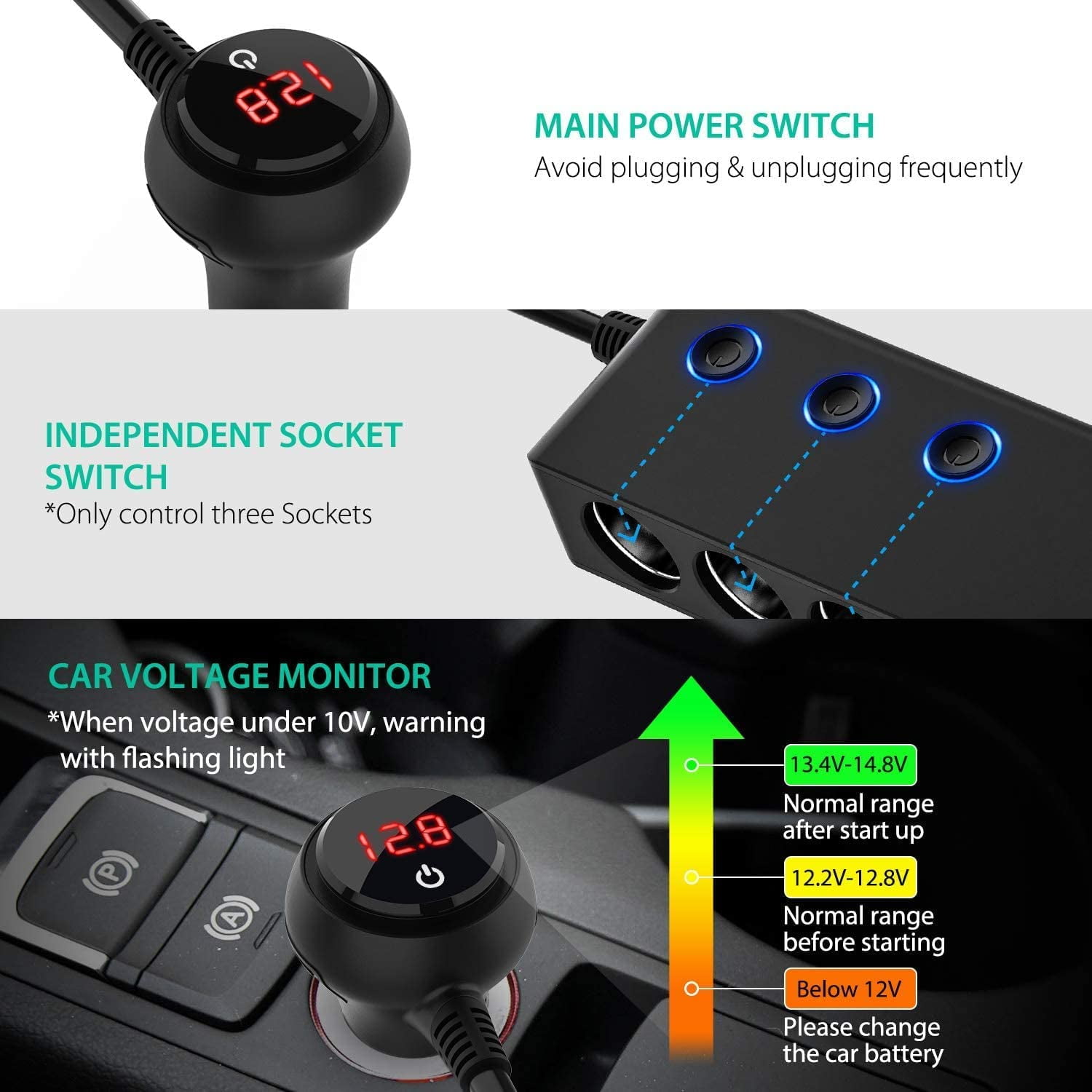Car charger,fast charging, including 4 USB ports + 3 cigarette lighter ports, suitable for mobile phones, tablets and other electronic devices