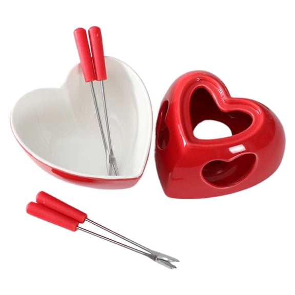 SHENERDA Fondue Mug Set Ceramic Heart with Forks Tealight Chocolate Melting Cup Mini Fondue Pot for Cheese Butter Caramel Dessert Candy Sweet Holiday Party Home Office Travel Christmas economical