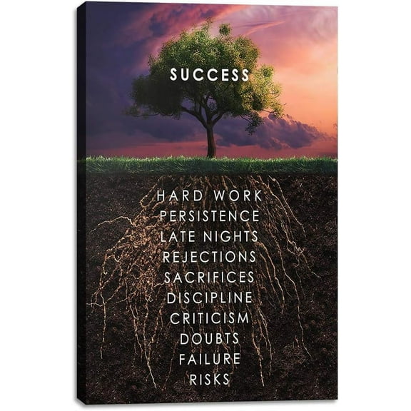 Success Tree Inspirational Quote Canvas Wall Art Motivational Motto Painting Inspiring Entrepreneur Posters Prints Artwork Decor Framed for Home Office Classroom Ready to Hang - 12" Wx18 H