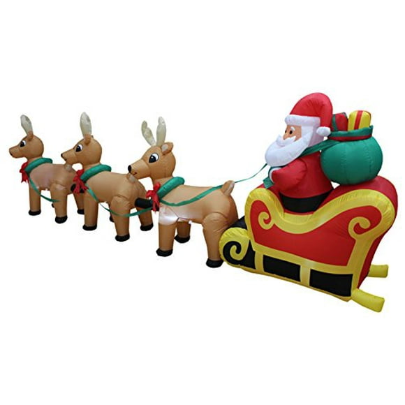 12 Foot Long Lighted Christmas Inflatable Santa Claus on Sleigh with 3 Reindeer & Christmas Tree Lights Decor Outdoor Indoor Holiday Decorations Blow
