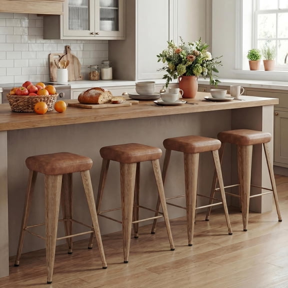 26" Bar Stools Set of 4 Upholstered Backless Counter Height Stools with Metal Legs PU Leather Modern Farmhouse Kitchen Island Barstools Walnut Brown