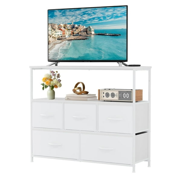TV Stand with 5 Fabric Drawers, Dresser for Bedroom Entertainment Center for 45 inch TV Storage Organizer with Open Shelf, Wooden Media Console Table for Living Room, Bedroom, or Small Space, White