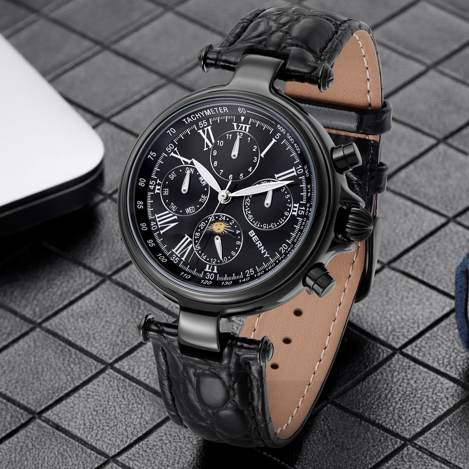 BERNY Automatic Watch for Men Classic Mechanical Self Winding Wristwatch 3ATM Waterproof Multi-Functional Dials Date, Week, Month and Moon Phase